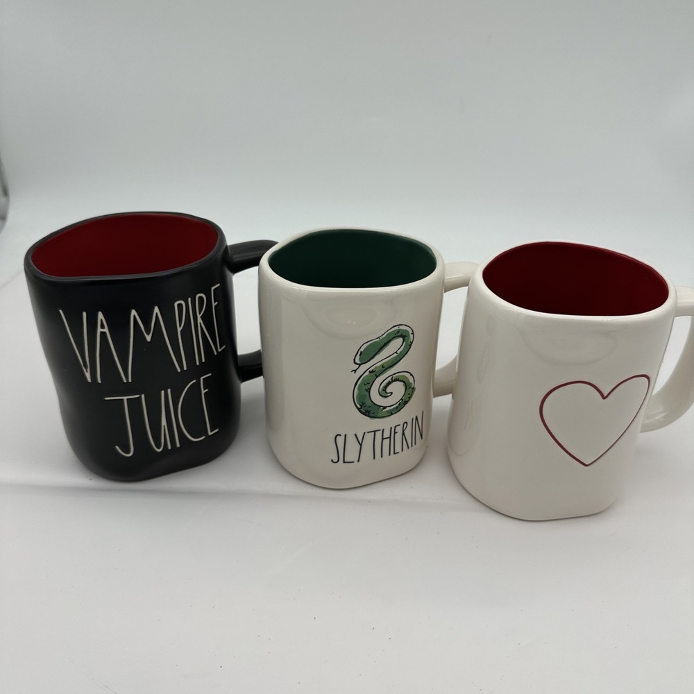 Set of 3 Rae Dunn Coffee Mugs Vampire Juice, Slytherin, and Heart - EUC